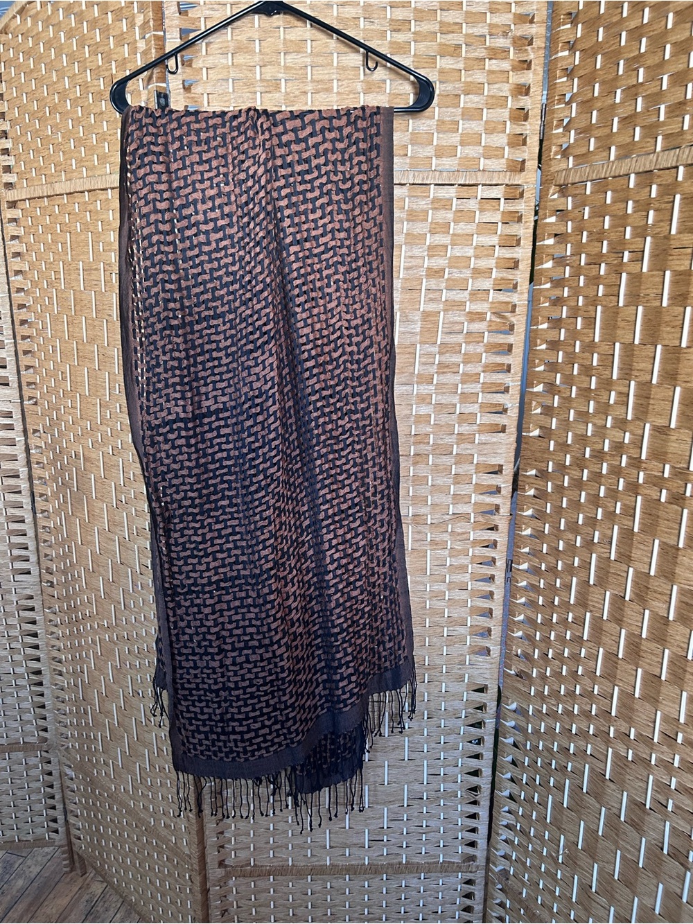 Jones New York Brown and Black Open-Weave Fringe Scarf
